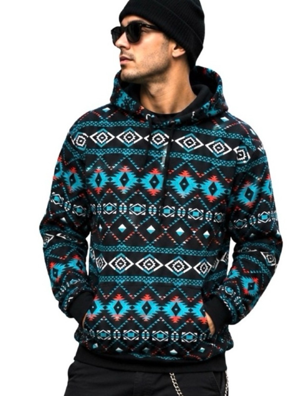 Nativo Men’s Southwestern Aztec Print Hoodie – Black/Teal/Red 2XL